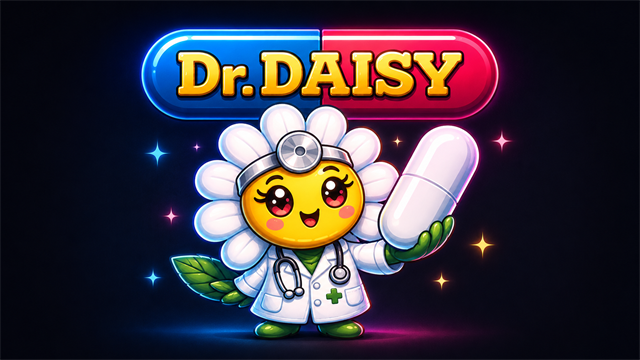 Dr. Daisy the cat doctor beside a bottle of colourful capsules