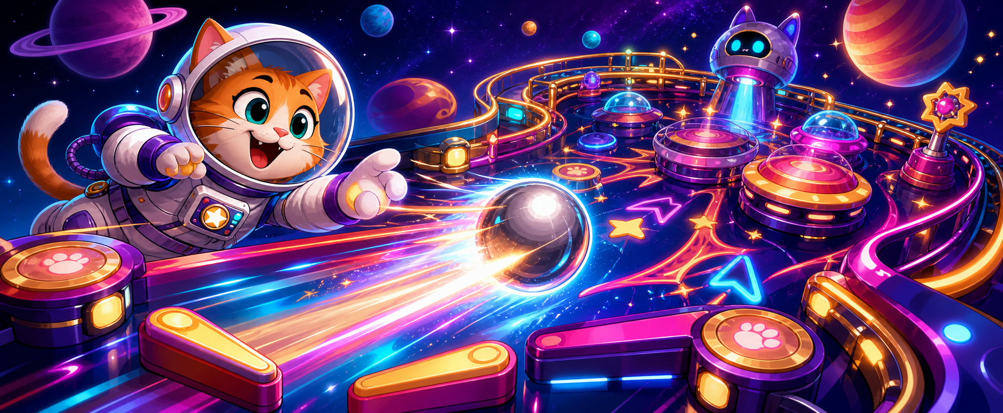 A cat astronaut playing a glowing cosmic pinball table