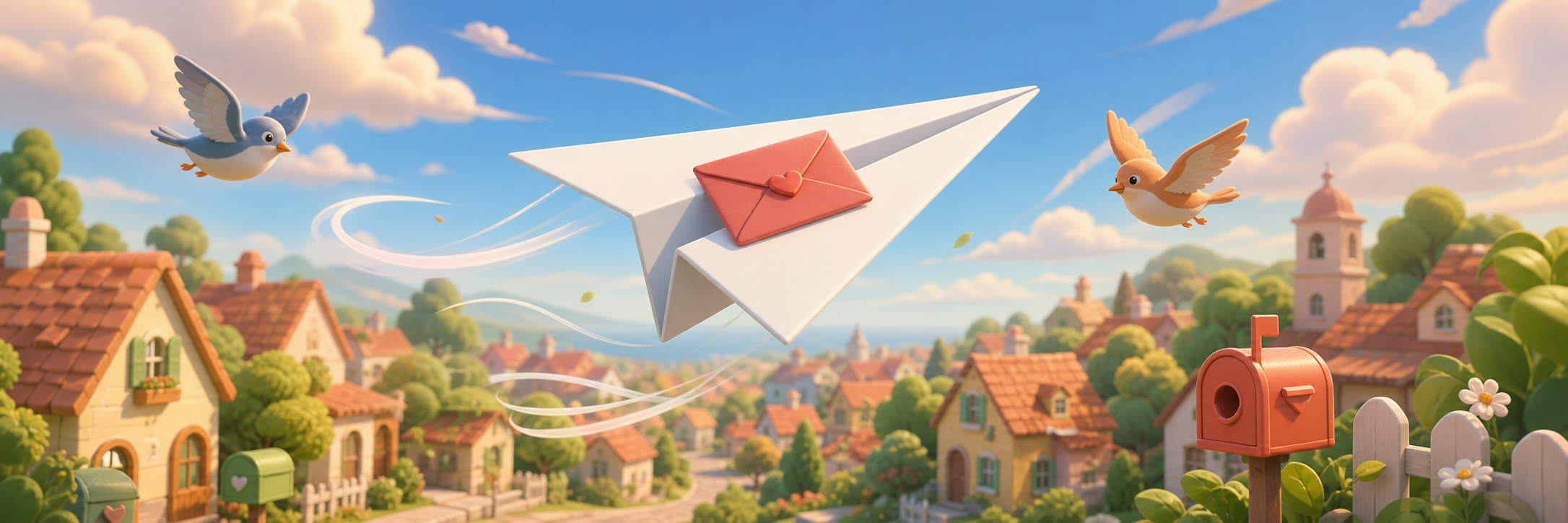 A paper airplane carrying a letter above a peaceful village