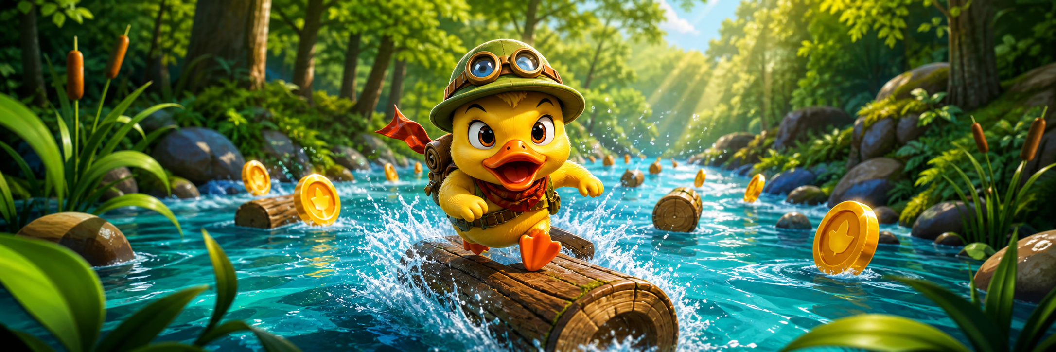 A cheerful duck adventurer racing down a bright forest river